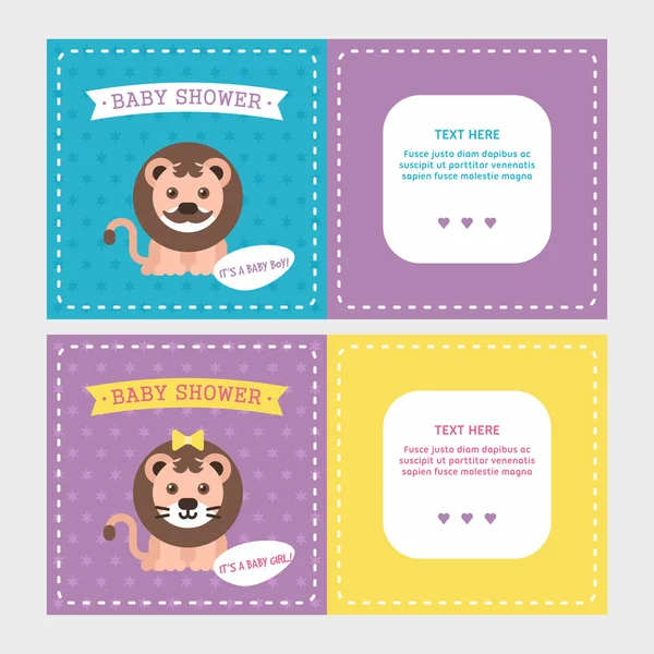 Plantillas de tarjetas de invitación para baby shower para bebé y niña con lindo leoncito. Violeta, dos lados. Ilustración vectorial plana coloreada . — Vector de stock