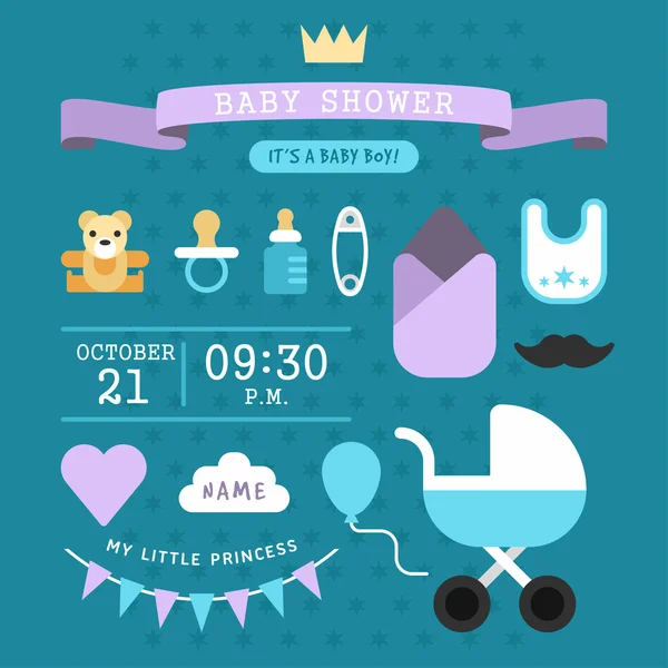 Baby shower invitation template for baby boy with baby care accessories icons. Colored flat vector illustration. — Stock Vector