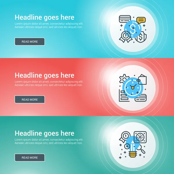 Set of flat line business website banner templates. Vector illustration. Modern thin line icons in circle with lights effect — Stock Vector
