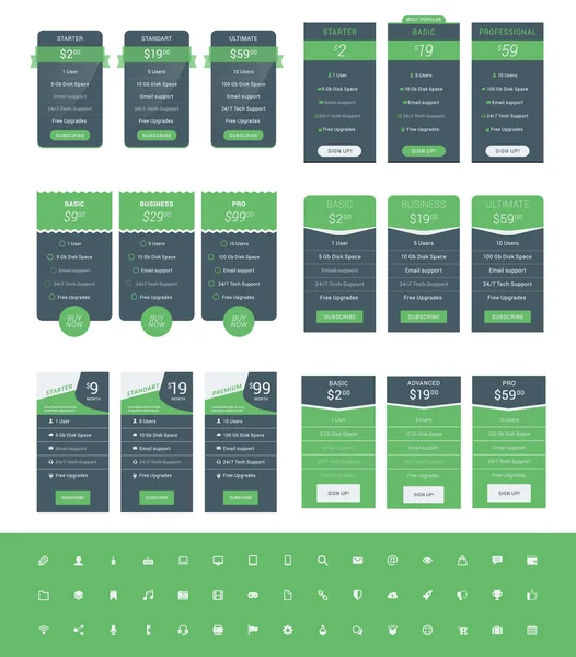 Set of Pricing Table Design Templates for Websites and Applications (dalam bahasa Inggris). Rencana harga vektor dengan Icon Set. Warna Hijau dan Hitam. Ilustrasi Vektor Gaya Datar - Stok Vektor