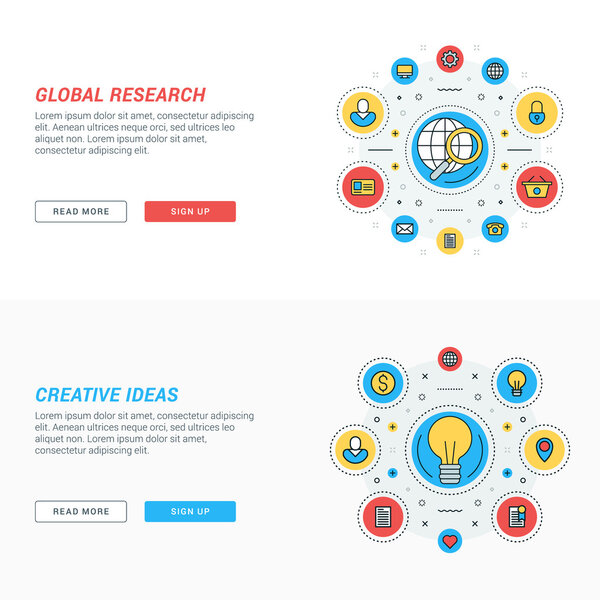 Набор шаблонов баннеров для сайтов с плоской линией. Векторная иллюстрация. Современные тонкие линии иконки в круг. Глобальные исследования. Творческие идеи
