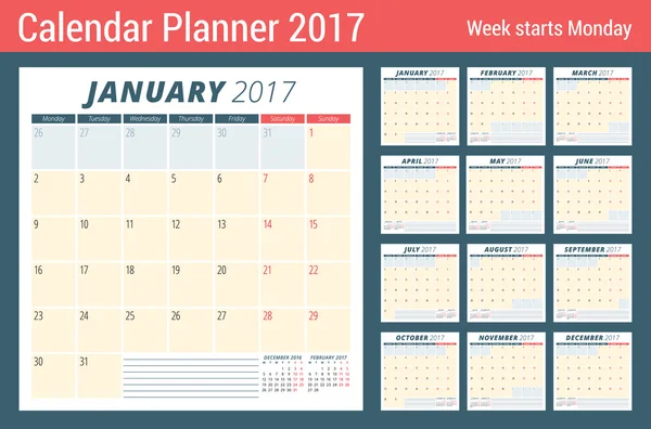 Planificador de Calendario 2017 Año. La semana empieza el lunes. Conjunto de 12 meses. Diseño de Papelería. Plantilla de calendario vectorial — Archivo Imágenes Vectoriales