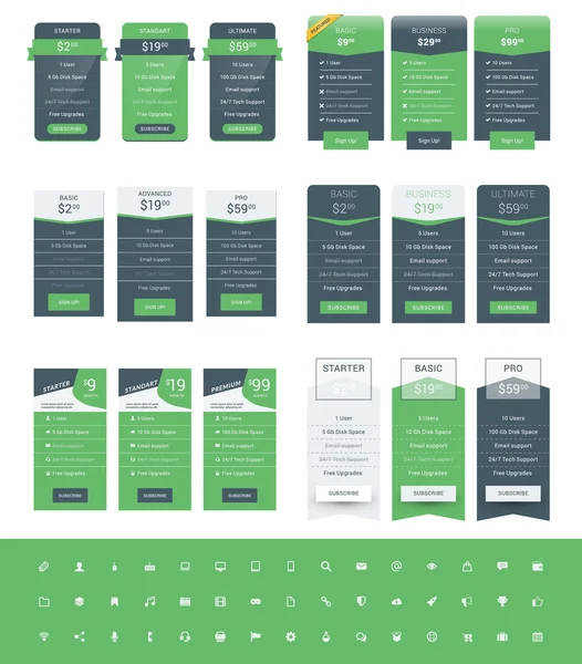 Set of Pricing Table Design Templates for Websites and Applications. Vector Pricing Plans with Icon Set. Green and Black Colors. Flat Style Vector Illustration — Stock Vector