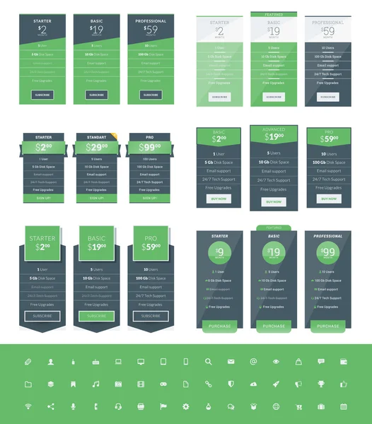 Set of Pricing Table Design Templates for Websites and Applications (dalam bahasa Inggris). Rencana harga vektor dengan Icon Set. Warna Hijau dan Hitam. Ilustrasi Vektor Gaya Datar - Stok Vektor