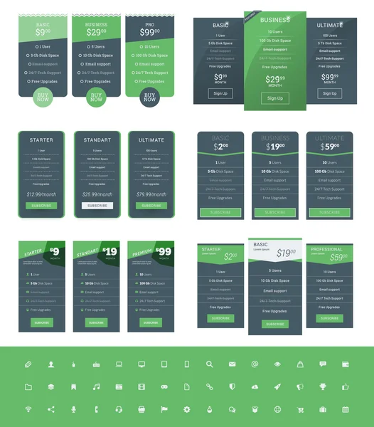 Set of Pricing Table Design Templates for Websites and Applications. Vector Pricing Plans with Icon Set. Green and Black Colors. Flat Style Vector Illustration — Stock Vector