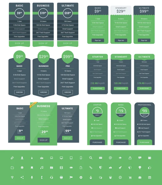 Set van prijs tabelontwerp sjablonen voor websites en toepassingen. Vector prijs plannen met icon set. Groene en zwarte kleuren. Platte stijl vector illustratie — Stockvector