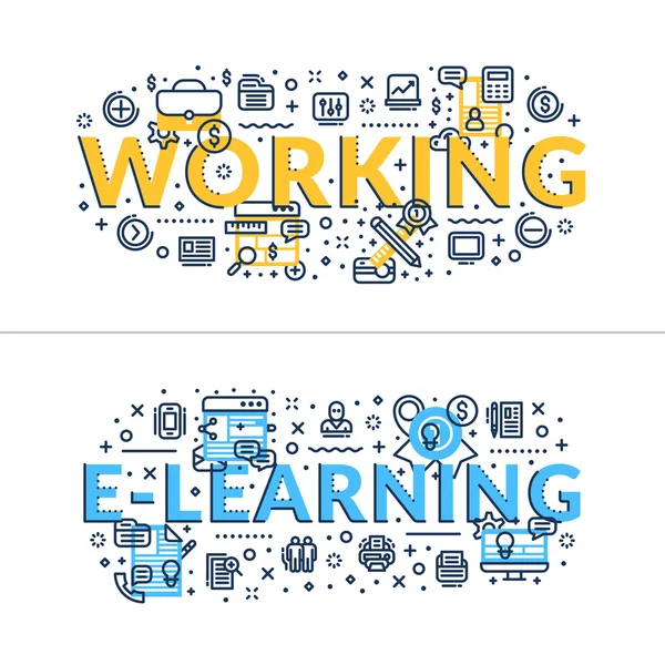 Munka- és e-learning rovatok, címek. Vízszintes színű kék és sárga lapos vektor illusztráció. — Stock Vector