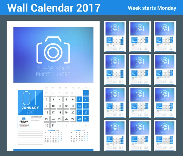 Wall Calendar Planner Skriv ut mall för 2017 år. Kalender affisch med plats för foto. 3 månader på sidan. Vecka startar måndag — Stock vektor