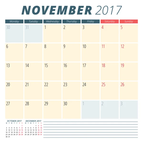 Ноябрь 2017. Планировщик календаря на 2017 год. Начинается в понедельник. Канцелярский дизайн. Шаблон векторного календаря — стоковый вектор