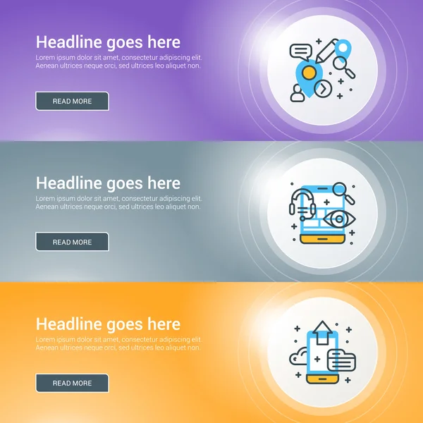 フラットラインビジネスウェブサイトバナーテンプレートのセット。ベクトルイラスト。ライト効果を持つ円の近代的な細い線のアイコン — ストックベクタ