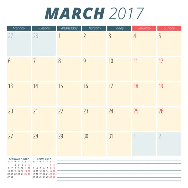 Marzo de 2017. Planificador de Calendario 2017 Año. La semana empieza el lunes. Diseño de Papelería. Plantilla de calendario vectorial — Archivo Imágenes Vectoriales