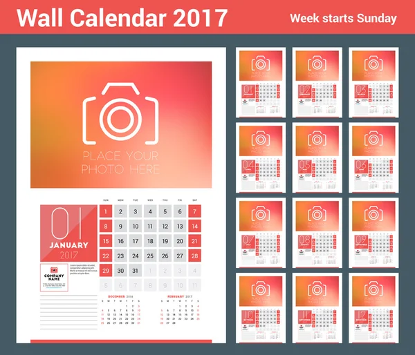 Wall Calendar Planner Skriv ut mall för 2017 år. Kalender affisch med plats för foto. 3 månader på sidan. Vecka startar söndag — Stock vektor