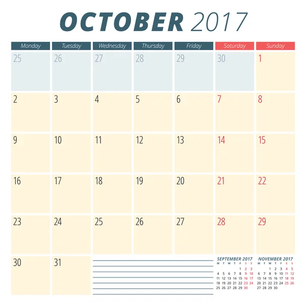 Outubro de 2017. Calendário planejador para 2017 Ano. A semana começa segunda-feira. Desenho de papelaria. Modelo de calendário vetorial — Vetor de Stock