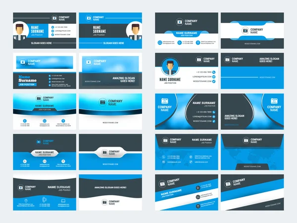 Set di modelli di biglietti da visita creativi moderni. Colori blu e nero. Illustrazione vettoriale in stile piatto. Progettazione di articoli di cancelleria — Vettoriale Stock