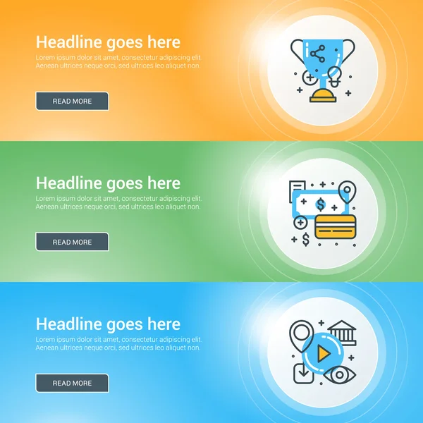 フラットラインビジネスウェブサイトバナーテンプレートのセット。ベクトルイラスト。ライト効果を持つ円の近代的な細い線のアイコン — ストックベクタ