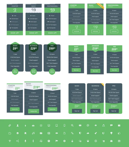 Set of Pricing Table Design Templates for Websites and Applications (dalam bahasa Inggris). Rencana harga vektor dengan Icon Set. Warna Hijau dan Hitam. Ilustrasi Vektor Gaya Datar - Stok Vektor