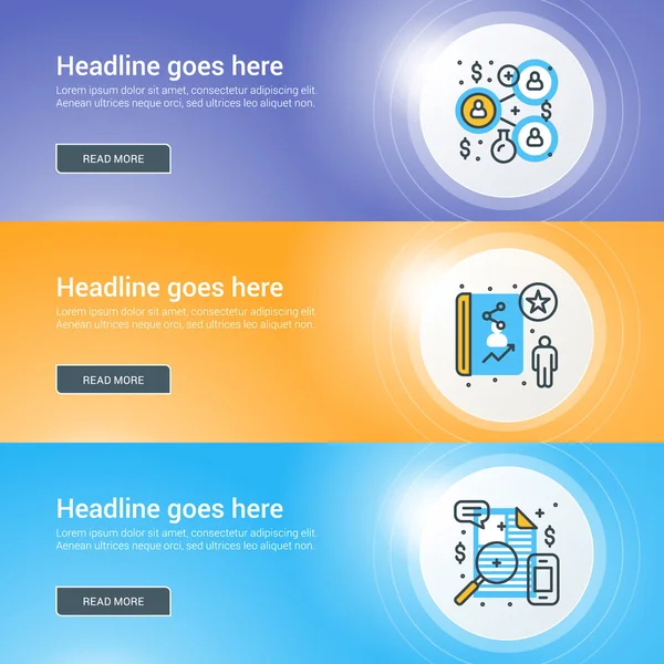 Set van platte lijn zakelijke website banner templates. Vector illustratie. Moderne Thin Line iconen in Circle met lichteffect — Stockvector