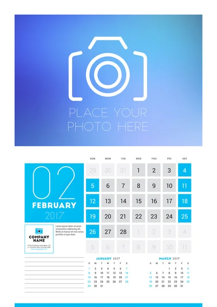 Wall Calendar Planner Skriv ut mall för 2017 år. Februari 2017. Kalender affisch med plats för foto. 3 månader på sidan. Vecka startar söndag — Stock vektor