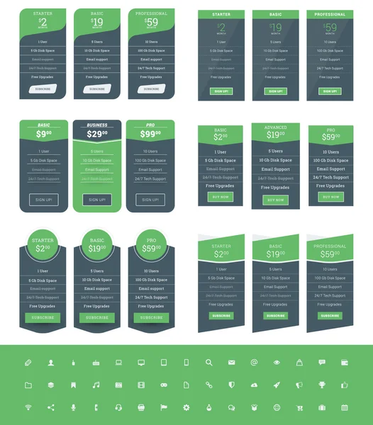 Set van prijs tabelontwerp sjablonen voor websites en toepassingen. Vector prijs plannen met icon set. Groene en zwarte kleuren. Platte stijl vector illustratie — Stockvector