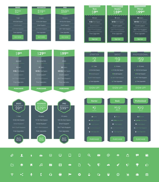 Conjunto de plantillas de diseño de tablas de precios para sitios web y aplicaciones. Planes de precios vectoriales con el conjunto de iconos. Colores Verde y Negro. Estilo plano Vector Ilustración — Vector de stock