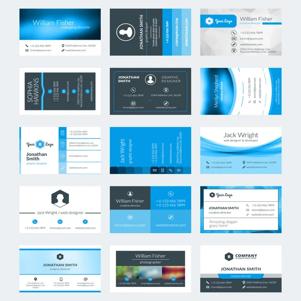 Set of modern creative business card templates. Blue and black colors. Flat style vector illustration. Stationery design Stock Vector