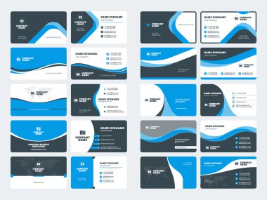 Modern yaratıcı kartvizit şablonları kümesi. Mavi ve siyah renk. Düz stil vektör çizim. İleti örneği tasarım