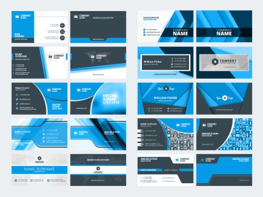 Modern yaratıcı kartvizit şablonları kümesi. Mavi ve siyah renk. Düz stil vektör çizim. İleti örneği tasarım