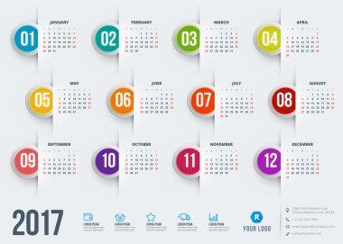 2017 yıl için takvim. Vektör tasarım ileti örneği şablonu. Haftası Pazar günü başlar. Düz stil renk vektör çizim. Yıllık takvim şablonu