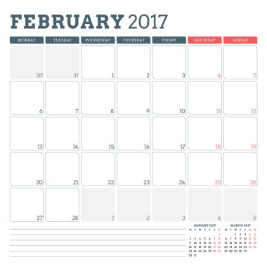 Şubat 2017 Takvim Planlayıcı Şablonu. Hafta Pazartesi başlar. Sayfada 3 Ay. Notlar için yer. Kırtasiye Tasarımı. Vektör Takvim Şablonu