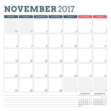 Kasım 2017 Takvim Planlayıcı Şablonu. Hafta Pazartesi başlar. Sayfada 3 Ay. Notlar için yer. Kırtasiye Tasarımı. Vektör Takvim Şablonu