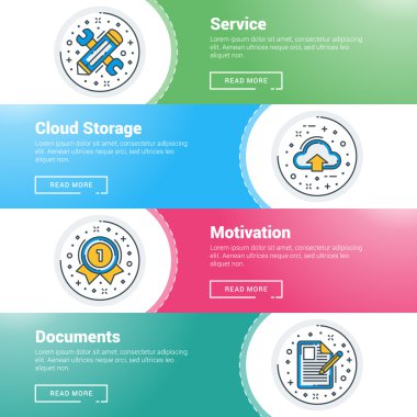 Düz çizgi iş web sitesi başlık sayfası şablonları kümesi. Vektör çizim. Daire modern ince çizgi simgeler. Servisi, bulut depolama, motivasyon, belgeler