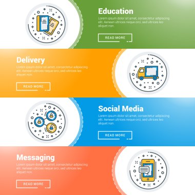Düz çizgi iş web sitesi afiş şablonları kümesi. Vektör illüstrasyon. Daire içinde modern ince çizgi simgeleri. Eğitim, Teslimat, Sosyal Medya, Mesajlaşma