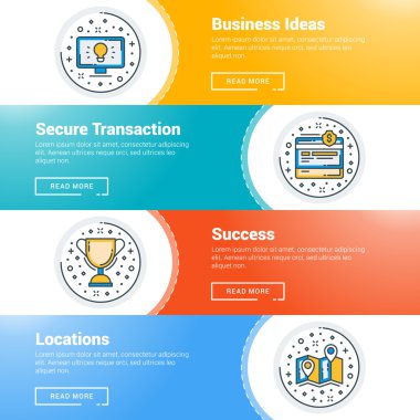 Düz çizgi iş web sitesi başlık sayfası şablonları kümesi. Vektör çizim. Daire modern ince çizgi simgeler. İş fikirleri, güvenli işlem, başarı, Mekanlar