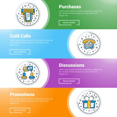 Düz çizgi iş web sitesi başlık sayfası şablonları kümesi. Vektör çizim. Daire modern ince çizgi simgeler. Satınalmalar, soğuk arama, tartışma, promosyonlar