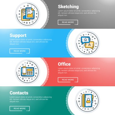 Düz çizgi iş web sitesi başlık sayfası şablonları kümesi. Vektör çizim. Daire modern ince çizgi simgeler. Çizim, destek, ofis, kişiler
