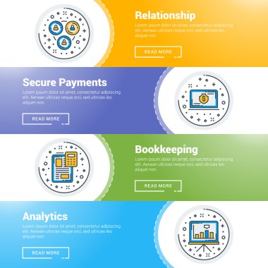 Düz çizgi iş web sitesi başlık sayfası şablonları kümesi. Vektör çizim. Daire modern ince çizgi simgeler. İlişki, güvenli bir şekilde ödeme, defter tutma, Analytics