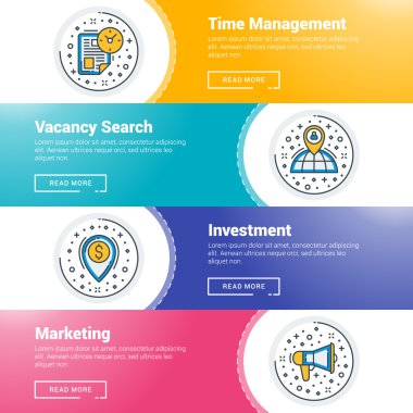 Düz çizgi iş web sitesi afiş şablonları kümesi. Vektör illüstrasyon. Daire içinde modern ince çizgi simgeleri. Zaman Yönetimi, Boşluk Arama, Yatırım, Pazarlama