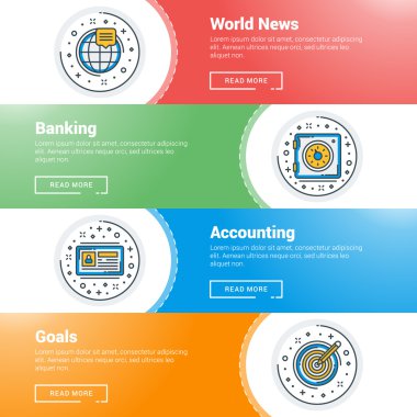 Düz çizgi iş web sitesi afiş şablonları kümesi. Vektör illüstrasyon. Daire içinde modern ince çizgi simgeleri. Dünya Haberleri, Bankacılık, Muhasebe, Hedefler