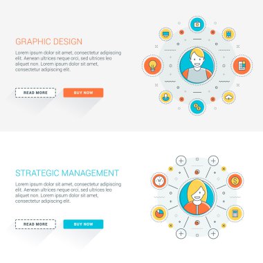 Düz çizgi iş web sitesi afiş şablonları kümesi. Vektör illüstrasyon. Daire içinde modern ince çizgi simgeleri. Uzun gölgeli web düğmeleri. Grafik tasarım. Stratejik yönetim