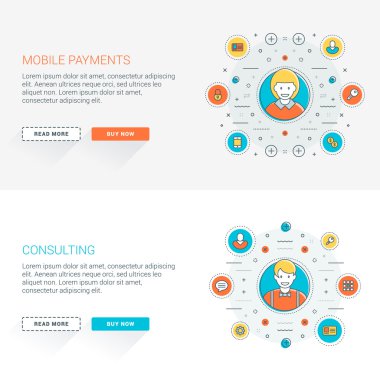 Düz çizgi iş web sitesi afiş şablonları kümesi. Vektör illüstrasyon. Daire içinde modern ince çizgi simgeleri. Uzun gölgeli web düğmeleri. Mobil ödemeler. Danışmanlık