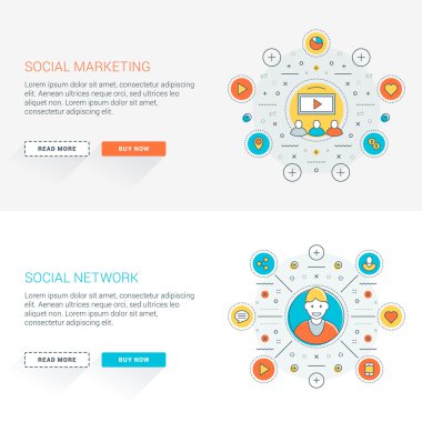 Düz çizgi iş web sitesi afiş şablonları kümesi. Vektör illüstrasyon. Daire içinde modern ince çizgi simgeleri. Uzun gölgeli web düğmeleri. Sosyal ağ. Sosyal pazarlama