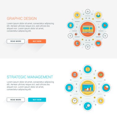 Düz çizgi iş web sitesi afiş şablonları kümesi. Vektör illüstrasyon. Daire içinde modern ince çizgi simgeleri. Uzun gölgeli web düğmeleri. Grafik tasarım. Stratejik yönetim