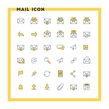 E-posta düz tasarım simge seti. Zarf, link, indir, takvim, gönder. Vektör simgeleri. Sarı ve siyah renkler