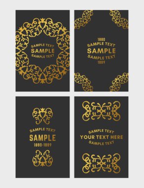 Art Deco logosu çerçeve ve Monogram, altın arka plan siyah vektör çizim üzerinde set.