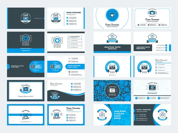 Satz moderner kreativer Visitenkartenvorlagen. blaue und schwarze Farben. flache Vektorillustration. Schreibwarendesign — Stockvektor