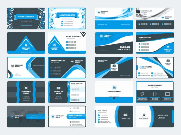 Σύνολο σύγχρονης δημιουργικές επαγγελματικές κάρτες πρότυπα. Μπλε και μαύρο χρώμα. Εικονογράφηση διάνυσμα επίπεδη στυλ. Σχέδιο επιστολόχαρτου — Διανυσματικό Αρχείο