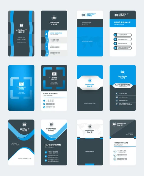 Set van moderne creatieve visitekaartje templates. Blauwe en zwarte kleuren. Verticale visitekaartjes. Platte stijl vector illustratie. Briefpapier ontwerp — Stockvector