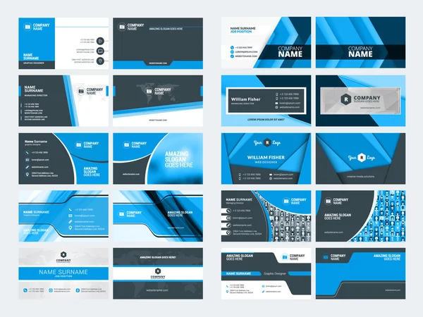 現代的な創造的なビジネス カード テンプレートのセット。青と黒の色。フラット スタイルのベクトル図です。文具デザイン — ストックベクタ