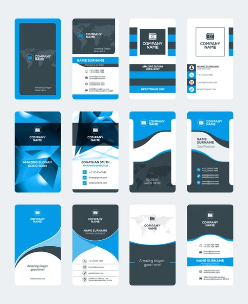 Set van moderne creatieve visitekaartje templates. Blauwe en zwarte kleuren. Verticale visitekaartjes. Platte stijl vector illustratie. Briefpapier ontwerp — Stockvector