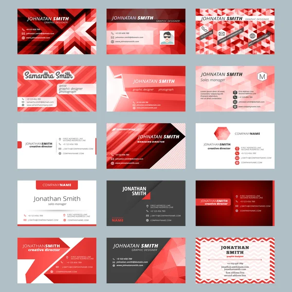 Templat kartu bisnis. Set vektor desain alat tulis. Merah dan hitam warna. Ilustrasi vektor gaya datar - Stok Vektor